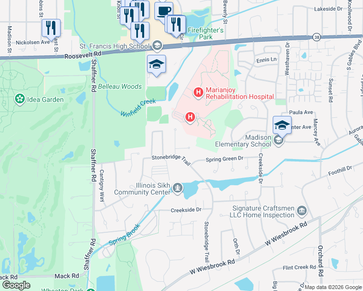 map of restaurants, bars, coffee shops, grocery stores, and more near 2125 Aberdeen Court in Wheaton