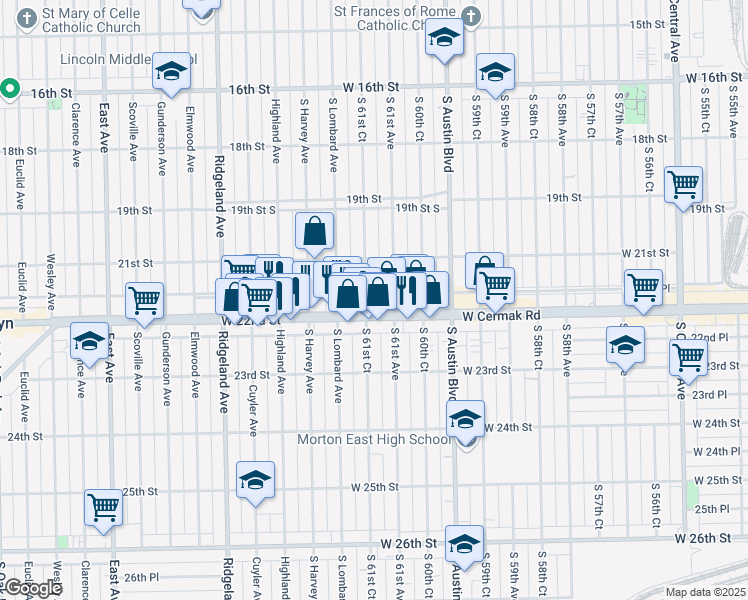map of restaurants, bars, coffee shops, grocery stores, and more near 2135 South 61st Court in Cicero