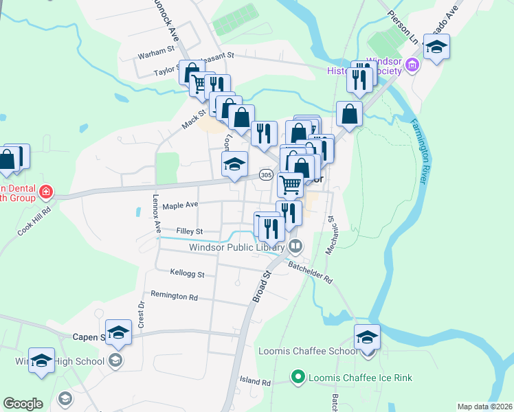 map of restaurants, bars, coffee shops, grocery stores, and more near 49 Maple Avenue in Windsor