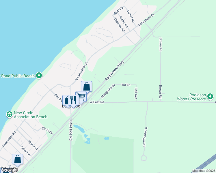 map of restaurants, bars, coffee shops, grocery stores, and more near 14766 Marquette Road in Lakeside