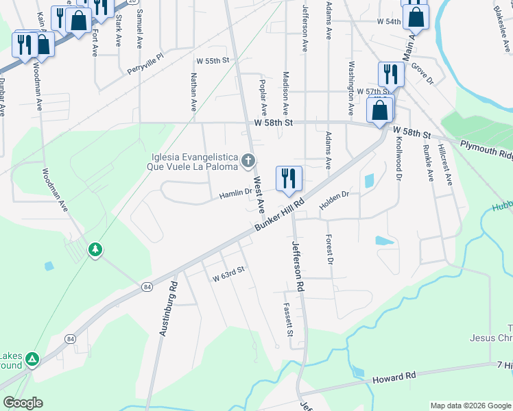 map of restaurants, bars, coffee shops, grocery stores, and more near 1017 Carriage Hill Drive in Ashtabula