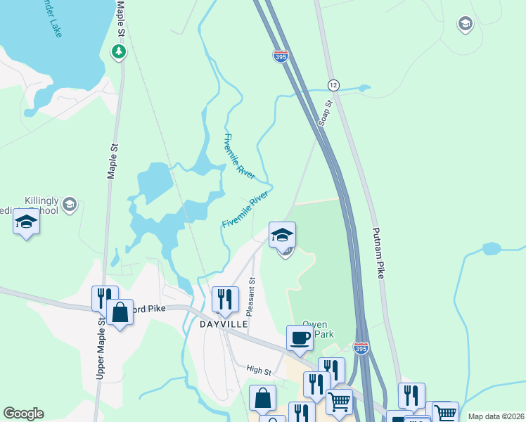 map of restaurants, bars, coffee shops, grocery stores, and more near 85 Soap Street in Killingly