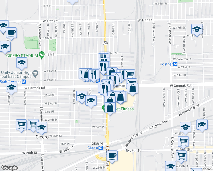 map of restaurants, bars, coffee shops, grocery stores, and more near South Cicero Avenue & West Cermak Road in Cicero