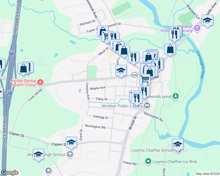 map of restaurants, bars, coffee shops, grocery stores, and more near 113 Maple Avenue in Windsor