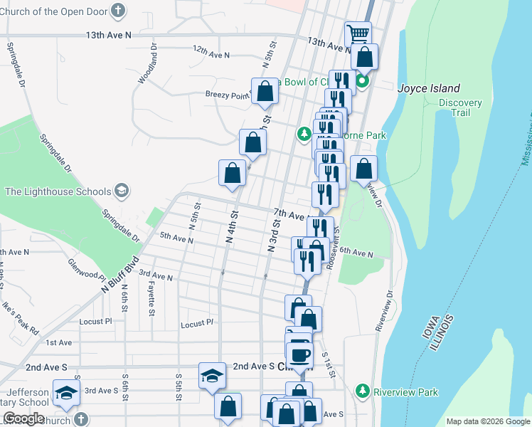 map of restaurants, bars, coffee shops, grocery stores, and more near 315 7th Avenue North in Clinton