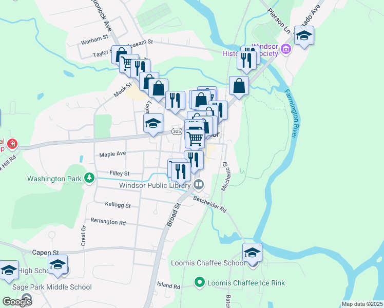 map of restaurants, bars, coffee shops, grocery stores, and more near 14 Maple Avenue in Windsor