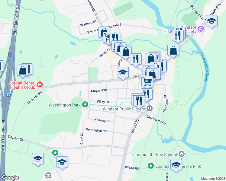 map of restaurants, bars, coffee shops, grocery stores, and more near 111 Maple Avenue in Windsor