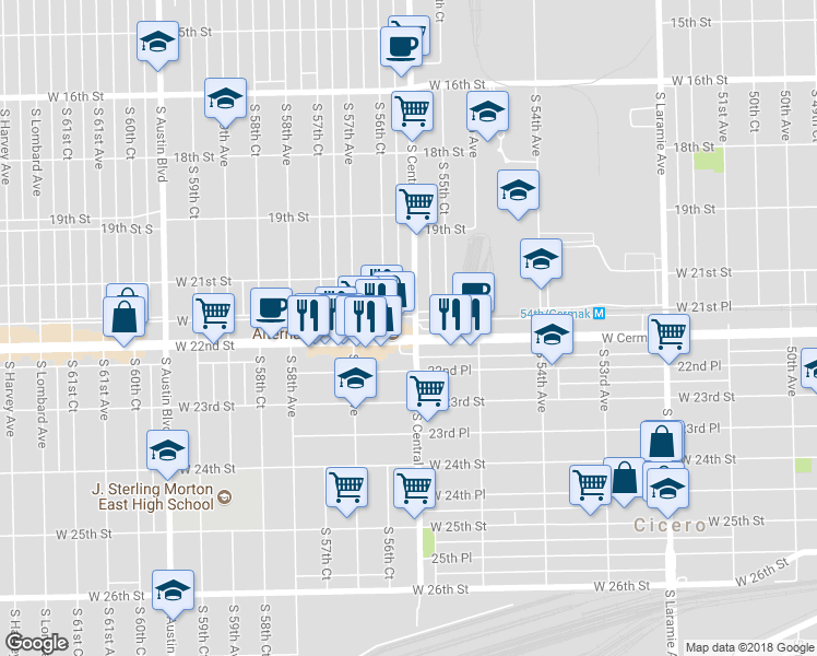map of restaurants, bars, coffee shops, grocery stores, and more near 5600 West Cermak Road in Cicero
