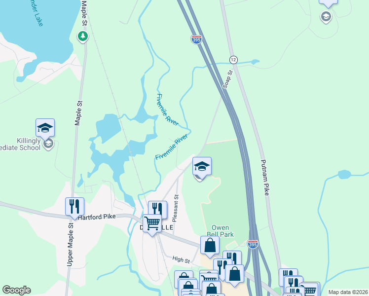 map of restaurants, bars, coffee shops, grocery stores, and more near 85 Soap Street in Killingly