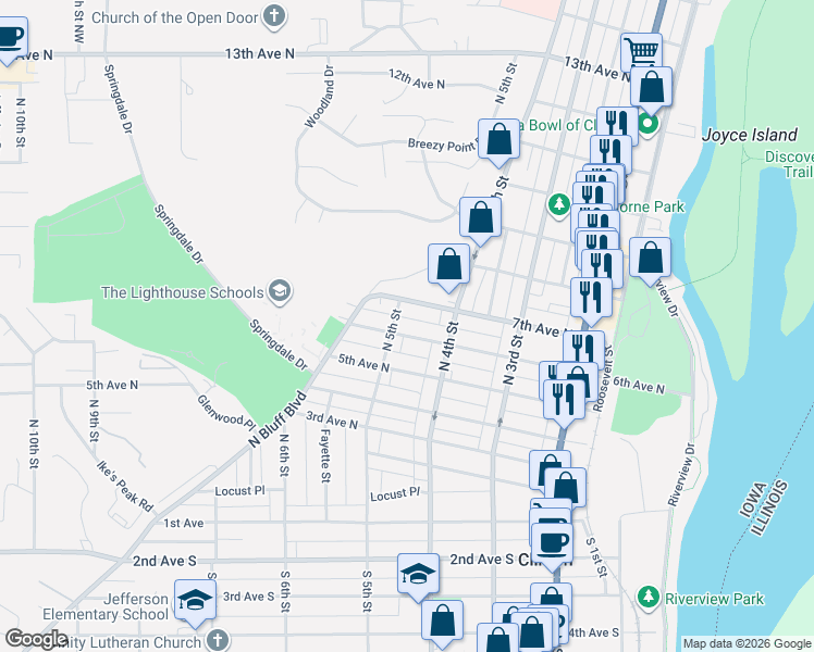 map of restaurants, bars, coffee shops, grocery stores, and more near 423 7th Avenue North in Clinton