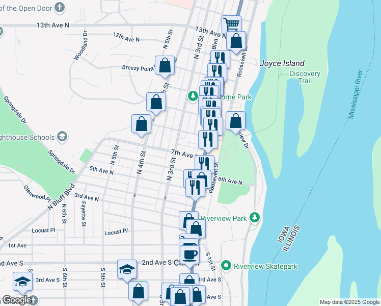 map of restaurants, bars, coffee shops, grocery stores, and more near 222 7th Ave N in Clinton