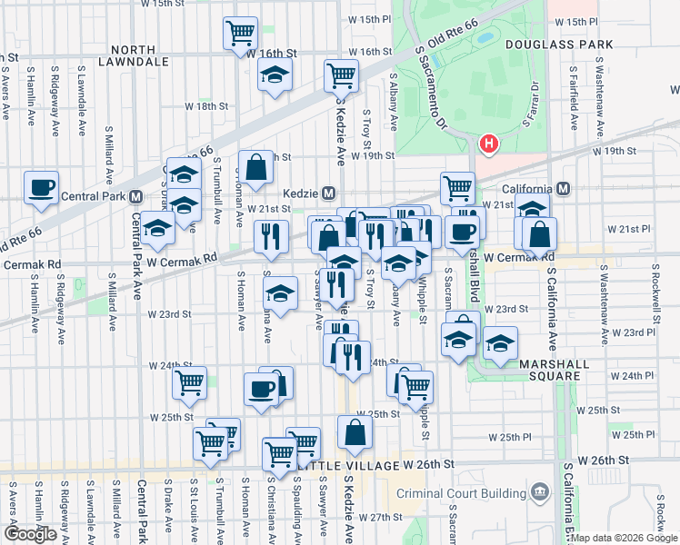 map of restaurants, bars, coffee shops, grocery stores, and more near 2210 South Kedzie Avenue in Chicago