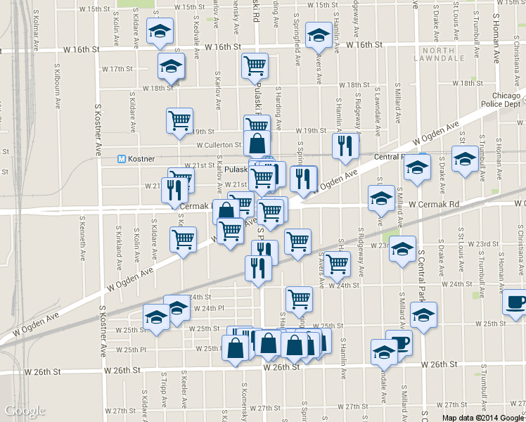 map of restaurants, bars, coffee shops, grocery stores, and more near 2201 S Pulaski Rd in Chicago