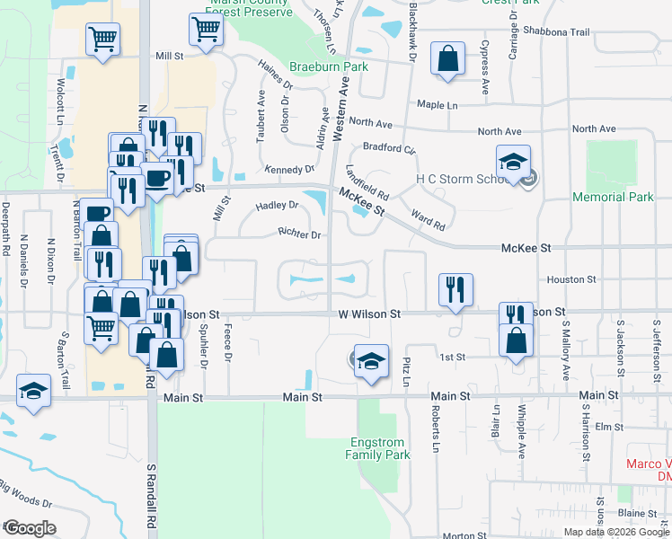 map of restaurants, bars, coffee shops, grocery stores, and more near 1376 Clybourne Street in Batavia