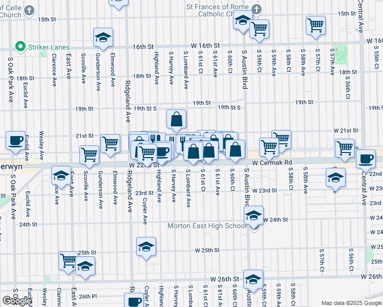 map of restaurants, bars, coffee shops, grocery stores, and more near 2131 South Lombard Avenue in Cicero