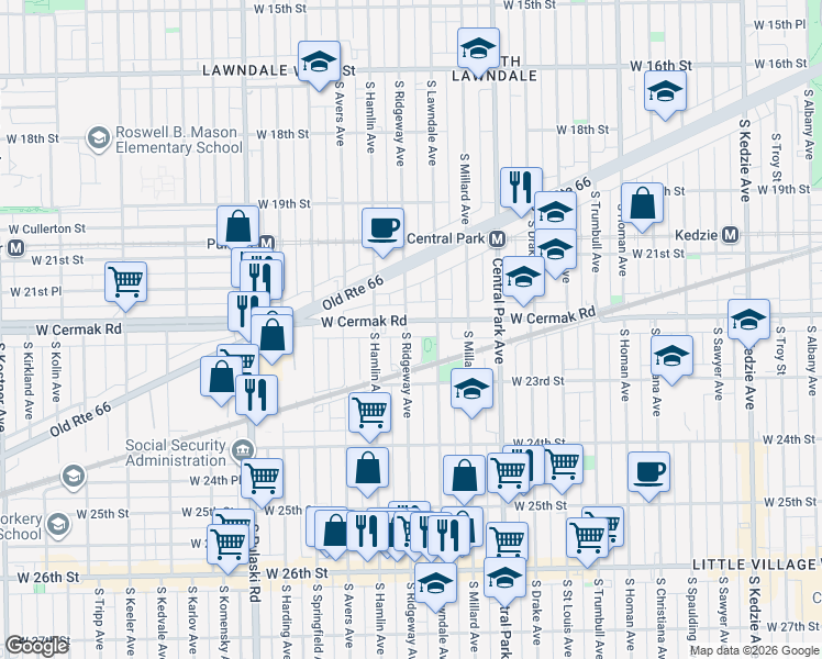 map of restaurants, bars, coffee shops, grocery stores, and more near 2205 South Ridgeway Avenue in Chicago