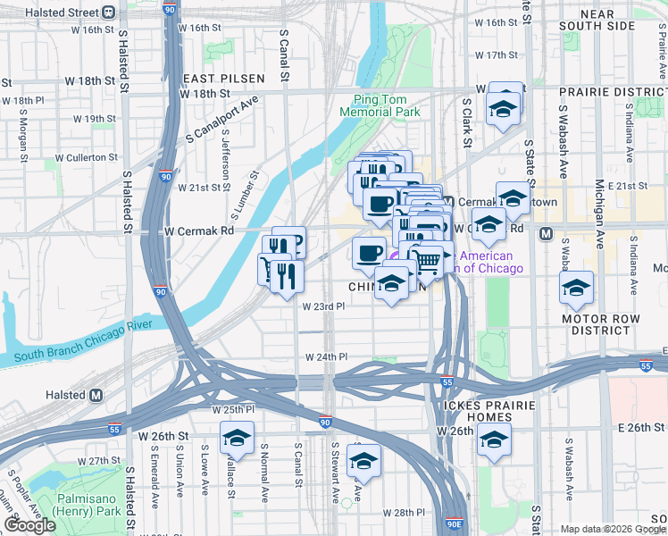 map of restaurants, bars, coffee shops, grocery stores, and more near 2237 South Archer Avenue in Chicago