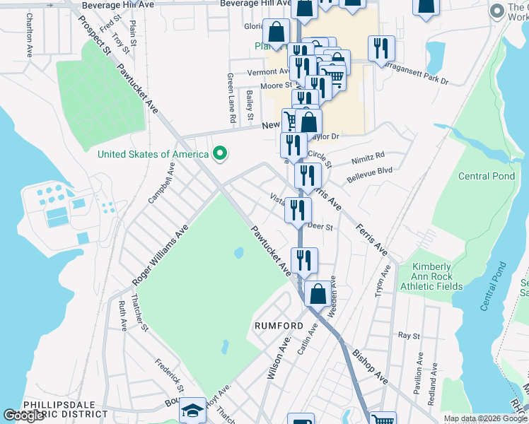 map of restaurants, bars, coffee shops, grocery stores, and more near 39 Deer St in East Providence