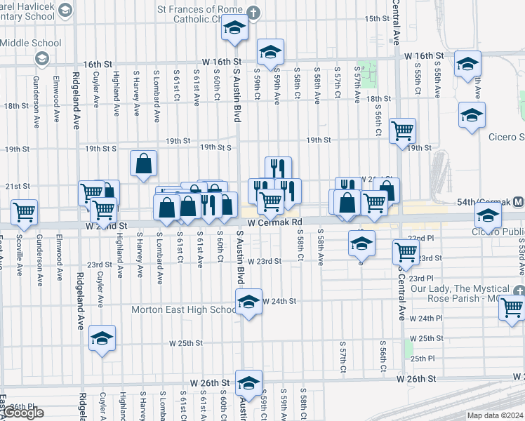 map of restaurants, bars, coffee shops, grocery stores, and more near 2127 South 59th Court in Cicero