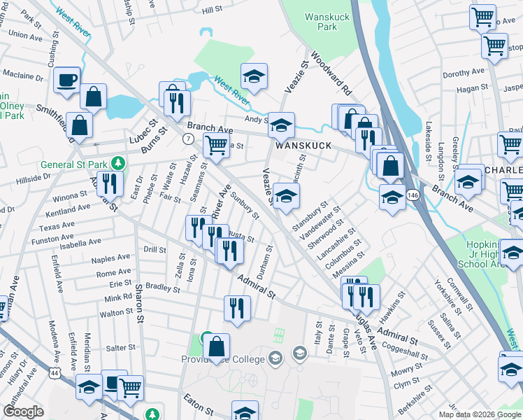 map of restaurants, bars, coffee shops, grocery stores, and more near 139 Sunbury Street in Providence