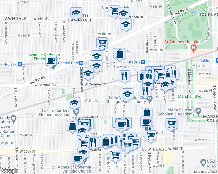 map of restaurants, bars, coffee shops, grocery stores, and more near 3417 West Cermak Road in Chicago