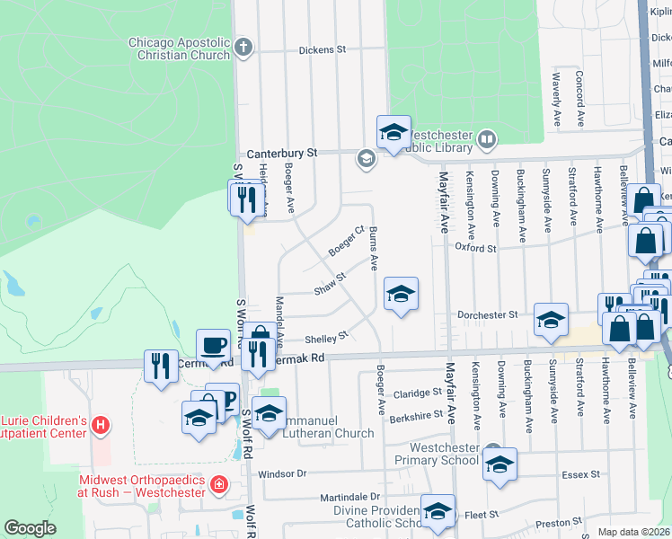 map of restaurants, bars, coffee shops, grocery stores, and more near 1847 Boeger Avenue in Westchester