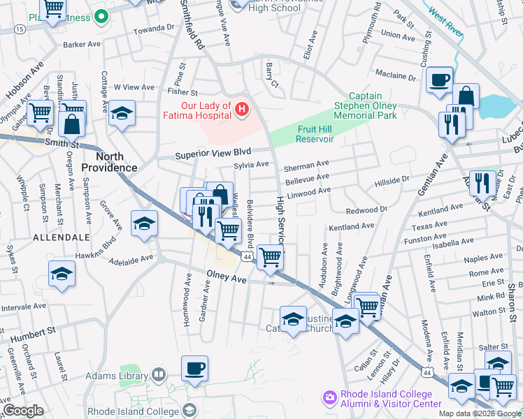 map of restaurants, bars, coffee shops, grocery stores, and more near 24 Rena Street in North Providence