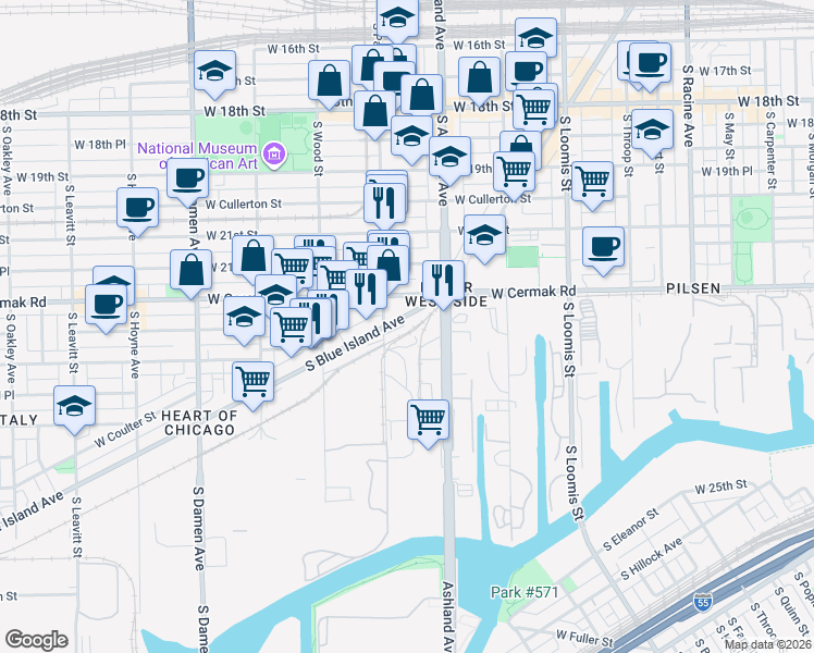 map of restaurants, bars, coffee shops, grocery stores, and more near 2243 South Blue Island Avenue in Chicago