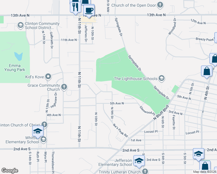 map of restaurants, bars, coffee shops, grocery stores, and more near 709 7th Avenue North Court in Clinton