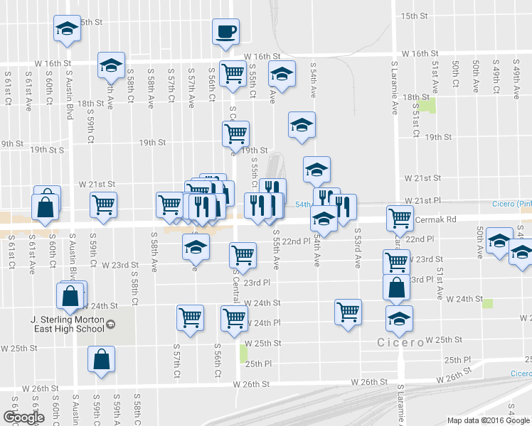 map of restaurants, bars, coffee shops, grocery stores, and more near 5512 West Cermak Road in Cicero