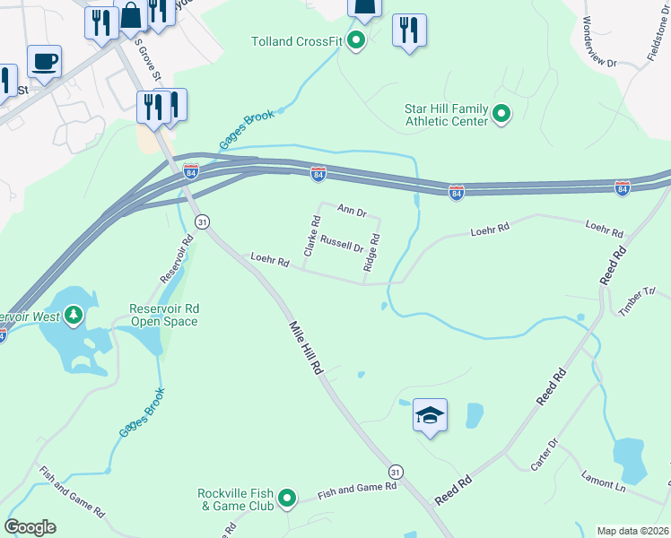 map of restaurants, bars, coffee shops, grocery stores, and more near 172 Loehr Road in Tolland