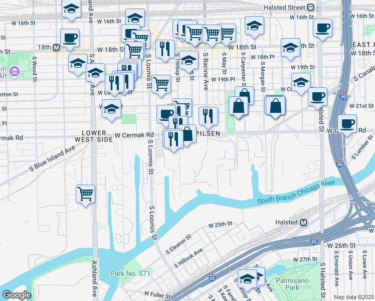 map of restaurants, bars, coffee shops, grocery stores, and more near 2233 South Throop Street in Chicago