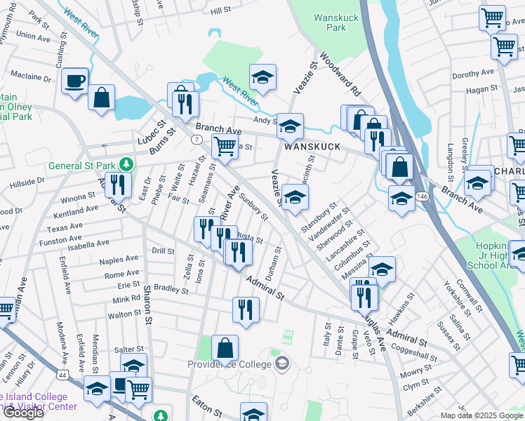 map of restaurants, bars, coffee shops, grocery stores, and more near 133 Sunbury Street in Providence