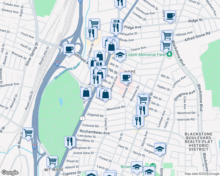 map of restaurants, bars, coffee shops, grocery stores, and more near 174 Highland Avenue in Providence