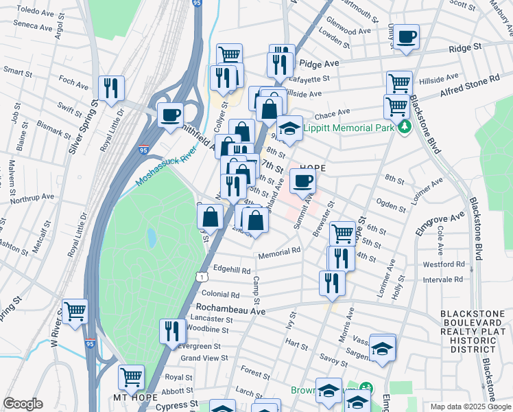 map of restaurants, bars, coffee shops, grocery stores, and more near 14 3rd Street in Providence