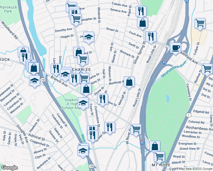 map of restaurants, bars, coffee shops, grocery stores, and more near 18 Luna Street in Providence