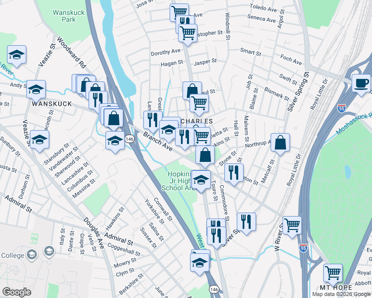 map of restaurants, bars, coffee shops, grocery stores, and more near 2 Russo Street in Providence