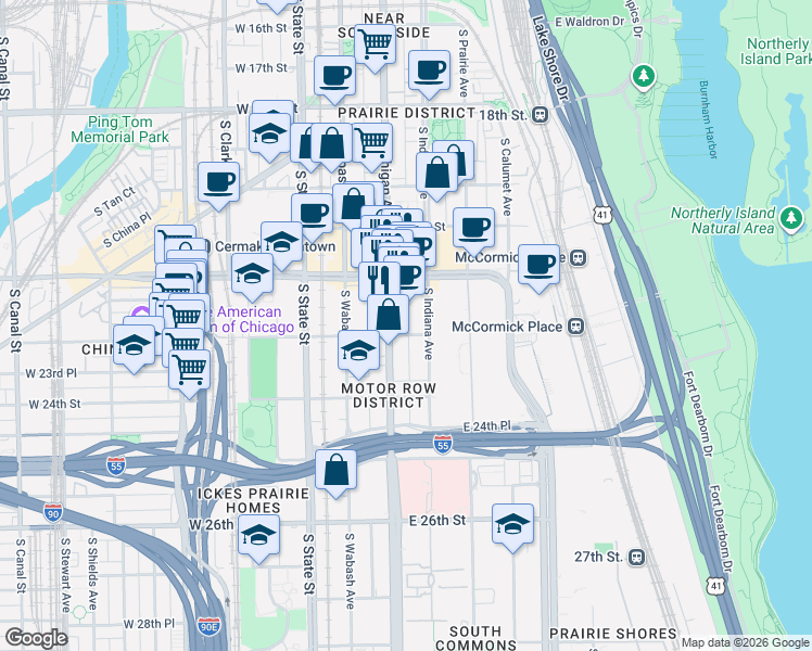 map of restaurants, bars, coffee shops, grocery stores, and more near 2251 South Michigan Avenue in Chicago