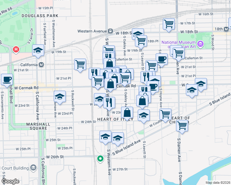 map of restaurants, bars, coffee shops, grocery stores, and more near 2322 West 22nd Place in Chicago