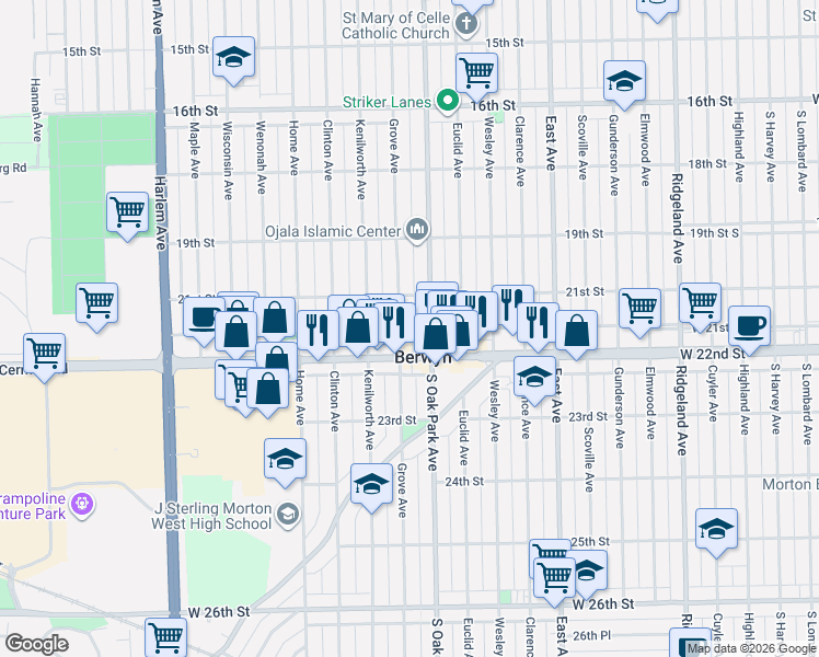 map of restaurants, bars, coffee shops, grocery stores, and more near 2126 Oak Park Avenue in Berwyn