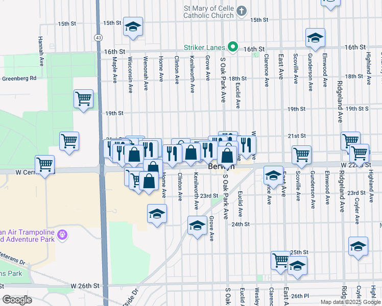 map of restaurants, bars, coffee shops, grocery stores, and more near 2124 Kenilworth Avenue in Berwyn