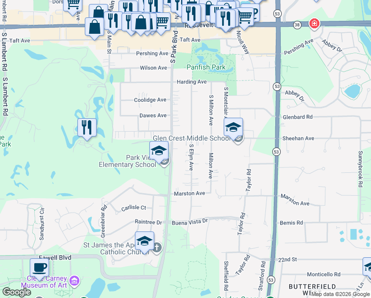 map of restaurants, bars, coffee shops, grocery stores, and more near 216 South Ellyn Avenue in Glen Ellyn