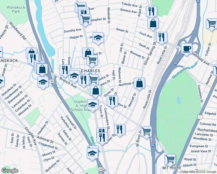 map of restaurants, bars, coffee shops, grocery stores, and more near 46 Mc Millen Street in Providence