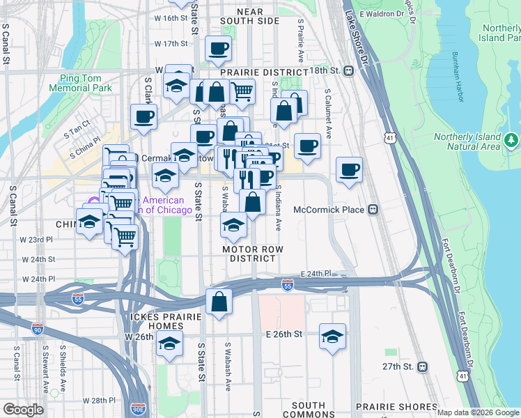 map of restaurants, bars, coffee shops, grocery stores, and more near 2251 South Michigan Avenue in Chicago