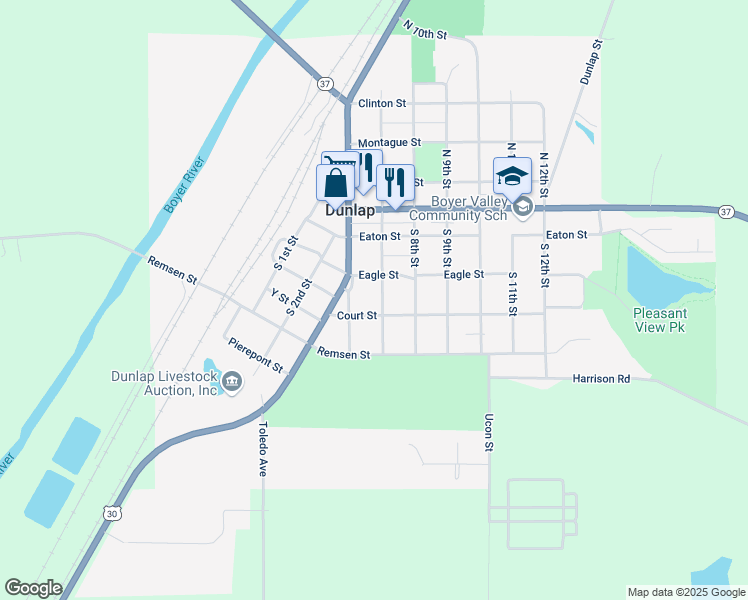 map of restaurants, bars, coffee shops, grocery stores, and more near 307 South 7th Street in Dunlap