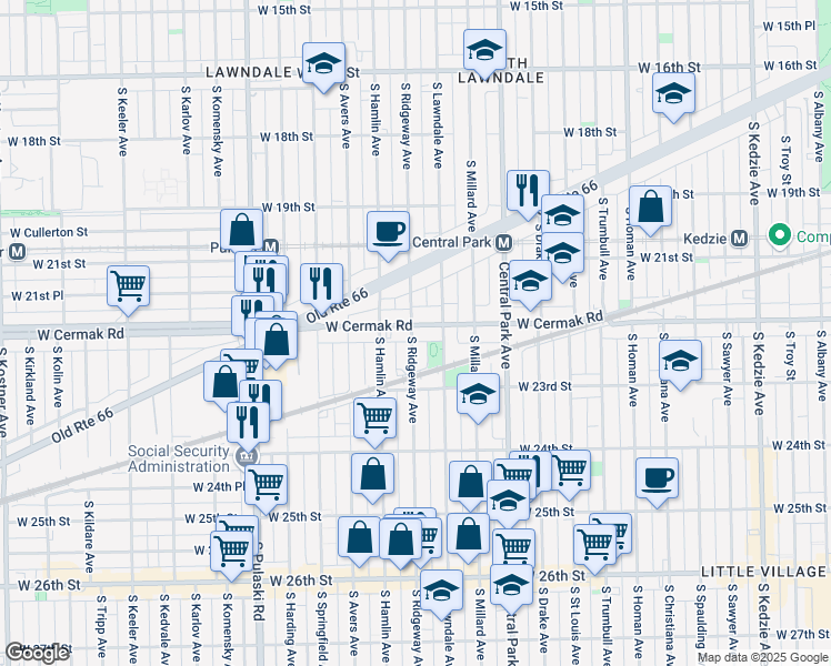map of restaurants, bars, coffee shops, grocery stores, and more near 2205 South Ridgeway Avenue in Chicago