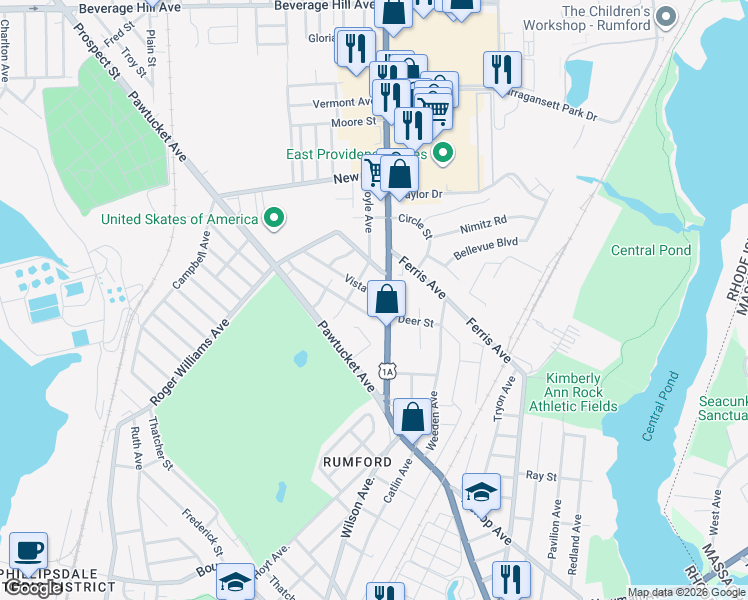 map of restaurants, bars, coffee shops, grocery stores, and more near 53 Vista Dr in East Providence