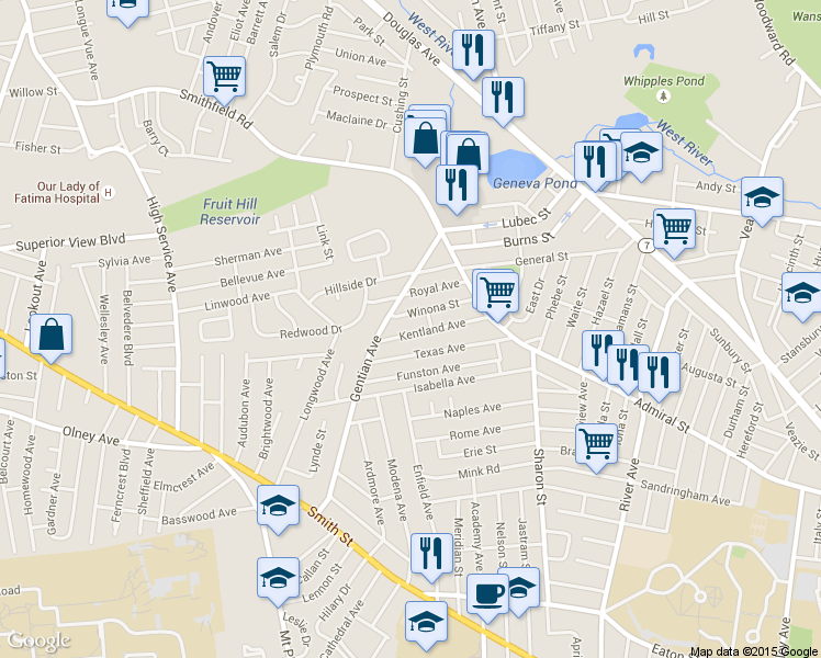 map of restaurants, bars, coffee shops, grocery stores, and more near 81 Kentland Ave in Providence