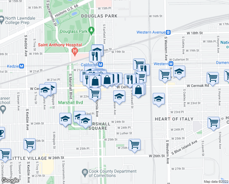 map of restaurants, bars, coffee shops, grocery stores, and more near 2216 South Washtenaw Avenue in Chicago