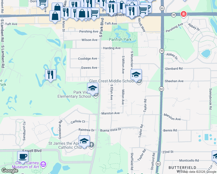 map of restaurants, bars, coffee shops, grocery stores, and more near 216 South Ellyn Avenue in Glen Ellyn